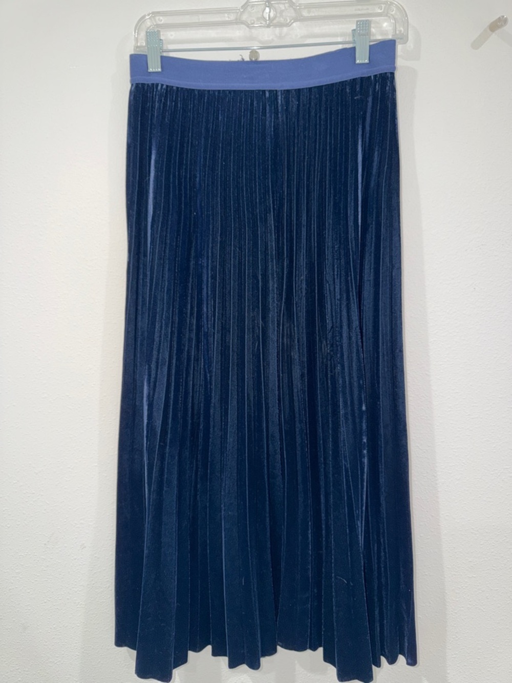 Pleated Velvet Midi Skirt in Navy with Lilac Waistband
